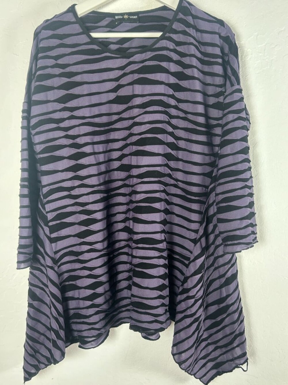 Connie’s Moonlight Women’s Tunic Top Small Purple Black Striped Asymmetrical Hem